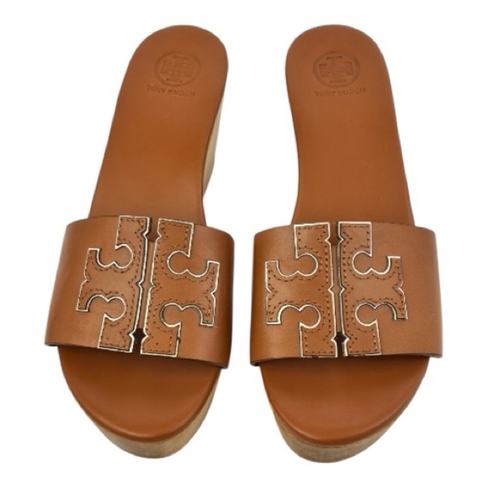 Tory Burch Ines Tan Brown Leather Logo Slide Sandals 8